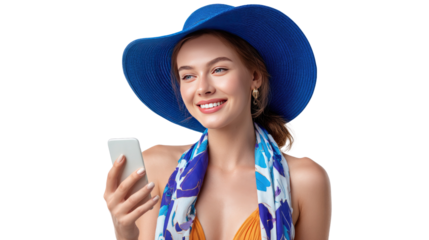 Vacation Vibes: A young woman with a radiant smile, framed by a stylish blue hat, checks her phone. She is in a serene setting, and a sense of relaxation and adventure fills the air.