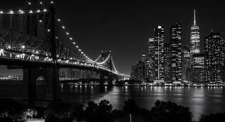 Dramatic black and white night view of the Manhattan Bridge and New York City skyline