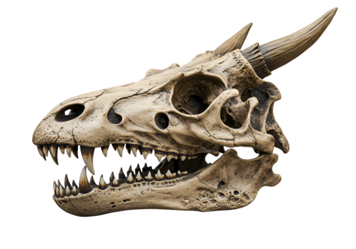 Dinosaur skeleton skull with horns and teeth displayed on black background