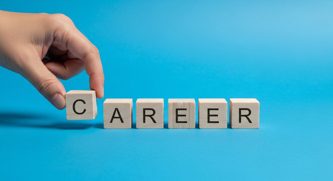 Hand Placing Wooden Cube Block with Word CAREER on Blue Background, Business Career Planning and Growth to Success Concept