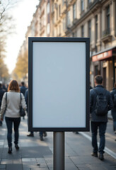   ISO A4 vertical poster mockup on outdoor kiosk stand, pedestrian crowd in soft focus, 3D render.