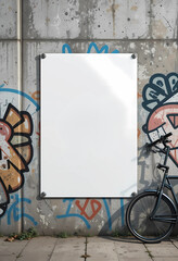   ISO A3 poster mockup on urban concrete wall, graffiti art around edges, bicycle parked nearby, 3D visualization.
