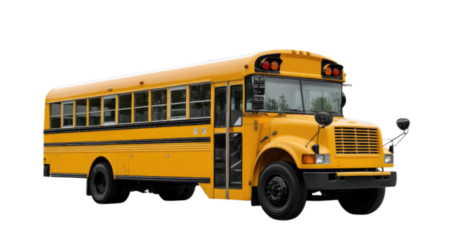 School Bus: A classic yellow school bus, ready to transport students on a new day of learning, stands poised against a pristine backdrop. Its familiar form symbolizes education, childhood.