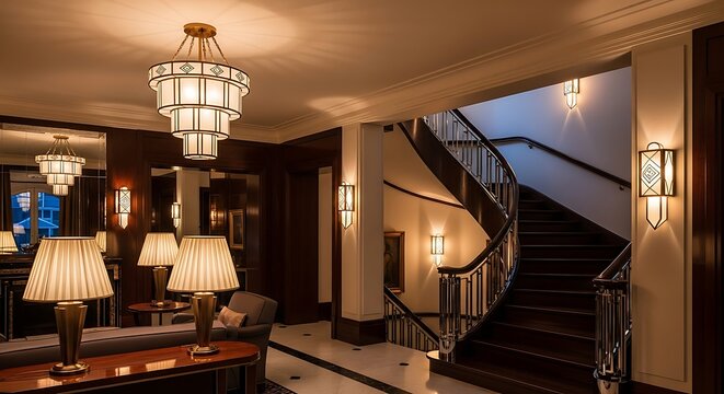 Elegant interior with stylish lighting fixtures and a grand staircase design that evokes - Powered by Adobe