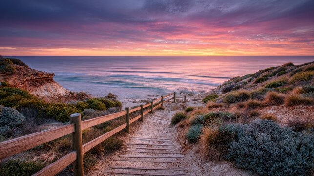 Stunning Sunset Over Port Willunga Beach Access Track in South - A Popular Adventure Destination 