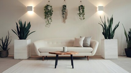 Cozy living room with sofa plants and modern decor