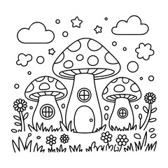 Whimsical Mushroom Garden Coloring Page – Cute & Cozy Coloring Book for Relaxation and Creativity. Easy, line art vector illustration, Coloring Pages for Kids & Adults