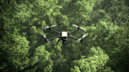 Security camera attached to drone for aerial farm monitoring, green landscape