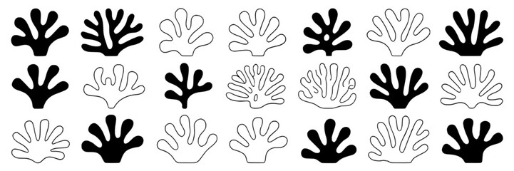 Obraz premium 18 Abstract Coral/Leaf Icons: Black, White, Outlined, Horizontal Arrangement