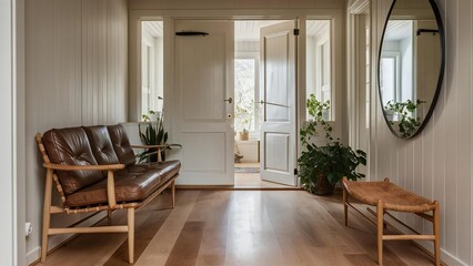 Bright hallway with a leather sofa and wooden bench leading to a balcony
