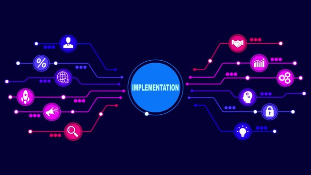 IMPLEMENTATION, web technology concept. Business, Technology, Internet and network concept. Abstract technology symbols on a blue background.