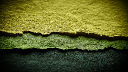 Close-up view of textured, layered paper in green and yellow hues, showcasing natural edges and shadows