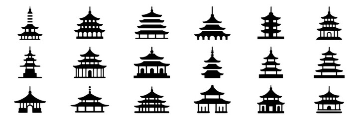 Collection of silhouette icons representing traditional East Asian pagodas and temple structures