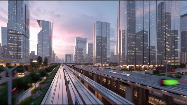 High-speed train travels through modern city streets during sunset in this vibrant urban landscape