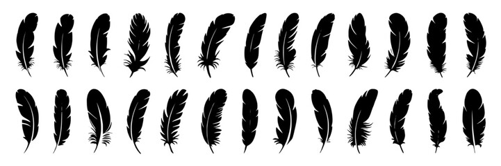 Collection of 24 Unique Black Feather Silhouettes:  Vector Icons for Design