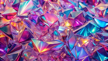 Dazzling holographic crystal shards sparkle with vibrant rainbow light, creating a luxurious and futuristic abstract background.