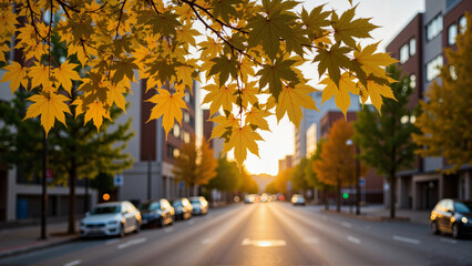Autumn leaves glowing in sunset over empty city street concept of Autumn equinox day
