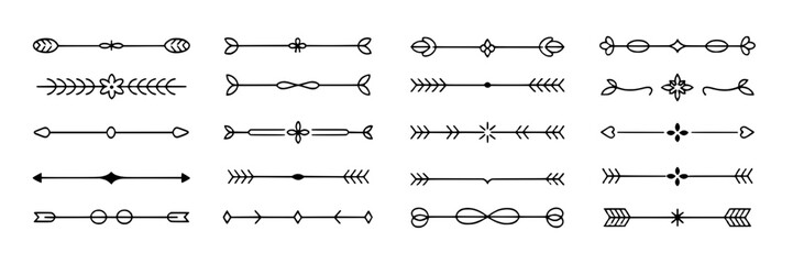 20 Decorative Black Line Dividers: Arrows, Flowers, and Geometric Shapes on White