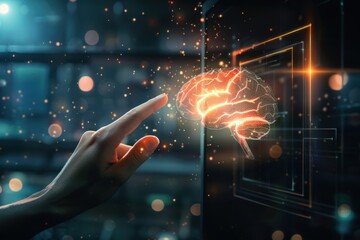 Brain interface with hand touching digital screen, artificial intelligence