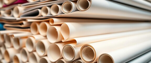 Close-up of a stack of neatly organized paper rolls,   bundles,  document