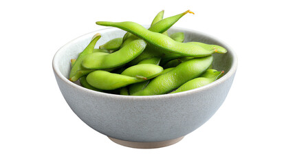 A bowl of fresh green edamame beans on a white isolated background.