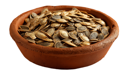 A clay bowl filled with pumpkin seeds, showcasing their texture and color against a simple background.