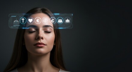Woman with closed eyes and digital interface displaying icons above her head. Concept of choosing life values and priorities.
