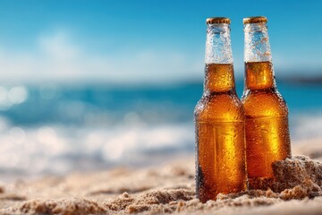 Chilled Beer Bottles on Sandy Shore: Refreshing Beverage with Text Space Against a Blurred Blue Background