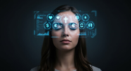 Woman with closed eyes and digital overlay showing life values and data around her head on dark background.