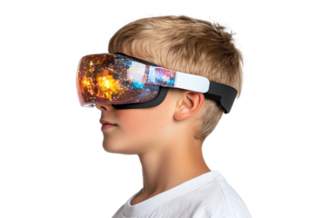 A young boy wearing futuristic VR goggles, immersed in a vibrant digital landscape.