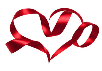 A shiny red ribbon elegantly forms a heart shape, isolated on a transparent background