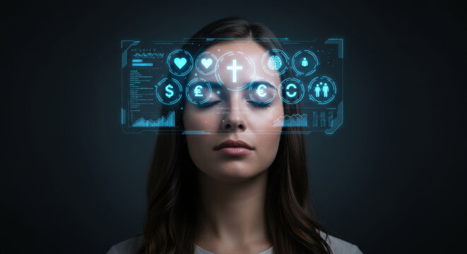Woman with closed eyes and digital overlay showing life values and data around her head on dark background.