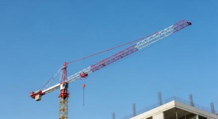 Towering red and white construction crane against a clear blue sky over unfinished building