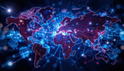Obraz premium A digital world map with glowing blue connections across continents and a dark blue background