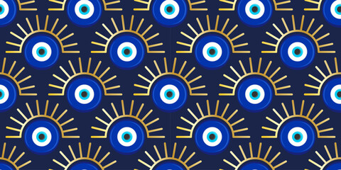 Evil eye seamless pattern. Turkish vector background with blue beads. Mystic Greek amulet is the symbol of protection and luck. Arabic and Mediterranean magic nazar