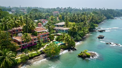 Fototapeta premium Tropical beachfront resort complex with lush vegetation.