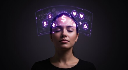 Woman visualizing financial goals and personal life balance. Digital interface over head for future technology concept.