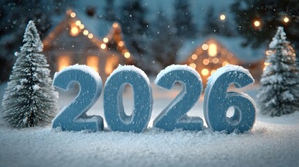 Large Icy Blue 2026 Numbers Standing on Snowy Landscape