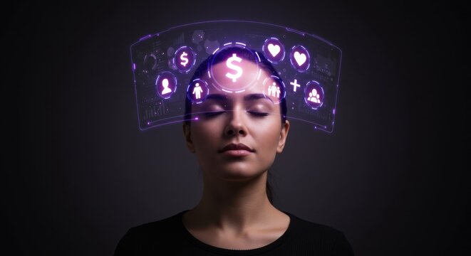 Woman visualizing financial goals and personal life balance. Digital interface over head for future technology concept.