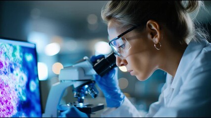 Scientist examining samples under microscope in laboratory setting during evening hours - Powered by Adobe
