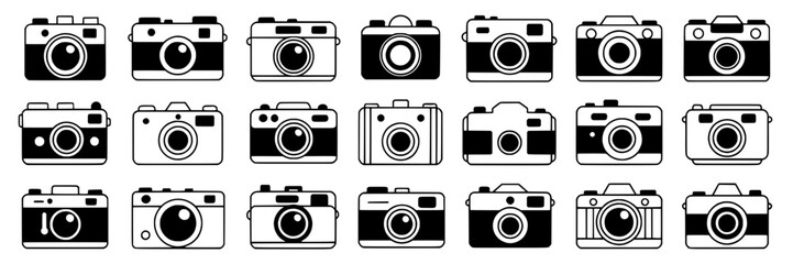 24 Retro Camera Icons: Black and White, Outlined and Solid, Horizontal Arrangement