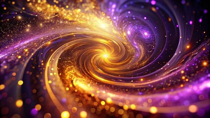 Dynamic golden and purple vortex with shimmering particles, representing energy and transformation