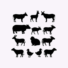 Collection of Black Silhouette Farm Animals and Birds