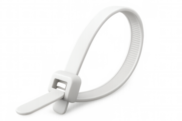 White nylon cable tie fastening multiple electrical wires, providing secure and organized cable management solution