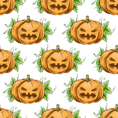 Hand drawn vintage seamless pattern of scary jack o lantern pumpkin with green leaves in orange color