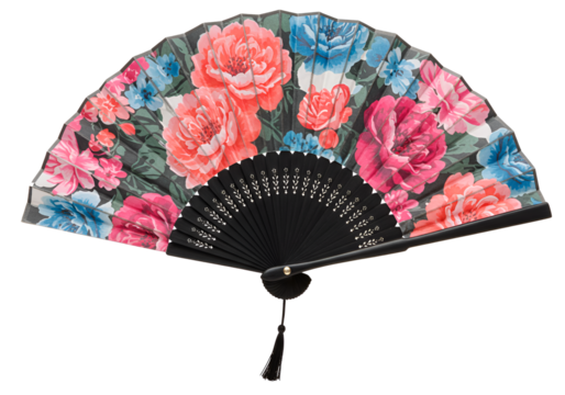 Elegant hand-held folding fan featuring vibrant floral design with pink red and blue flowers on - Powered by Adobe