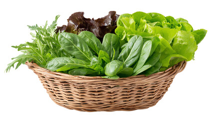 Fresh mixed greens in a woven basket, perfect for salads and healthy eating.