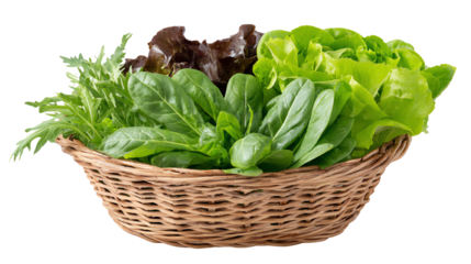 Fresh mixed greens in a woven basket, perfect for salads and healthy eating.