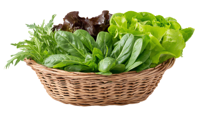 Fresh mixed greens in a woven basket, perfect for salads and healthy eating.