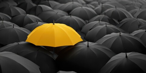 Out Of Place: A Bright Yellow Umbrella Stands Out Amidst a Sea of Black, Symbolizing Unique Leadership and Community Values in the Face of Prejudice